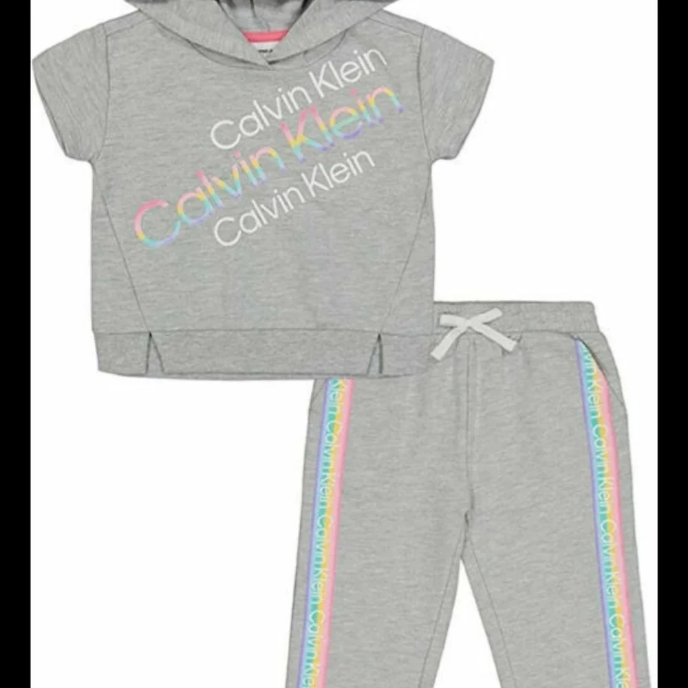 Calvin Klein Gray and Pink Short Sleeve Jogger Set with Rainbow Detail